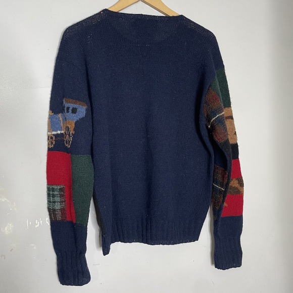 Vintage 1989 Ralph Lauren Polo Country Farm House Patchwork Knit Flag Sweater M - Picture 2 of 5